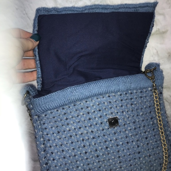 Vintage Handmade Blue Wool Sweater Shoulder Bag Purse - Picture 7 of 9